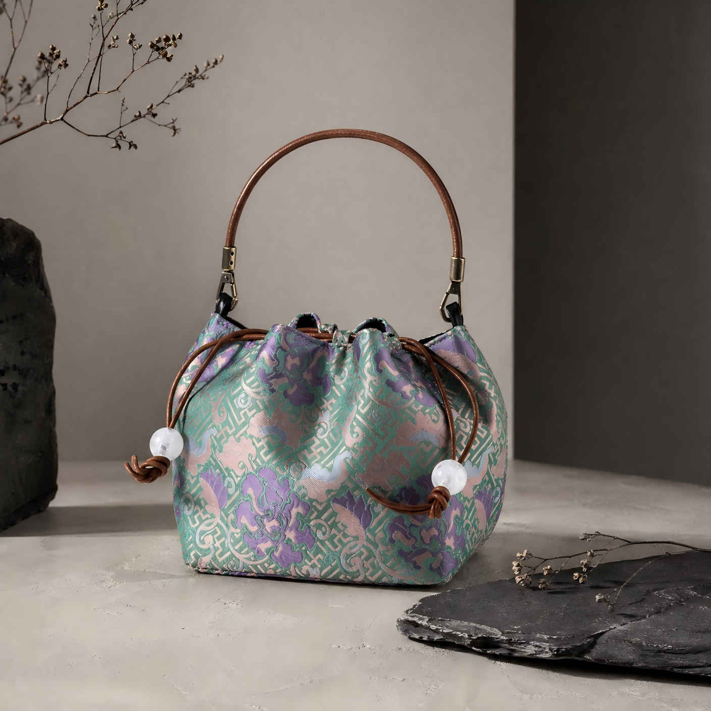 Song Brocade Bucket Bag – Silk Drawstring Handbag with Top Handle | Orithing