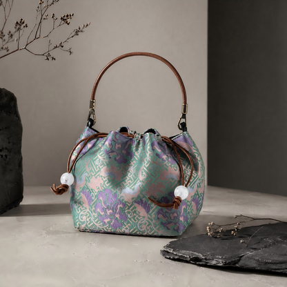 Song Brocade Bucket Bag – Silk Drawstring Handbag with Top Handle | Orithing