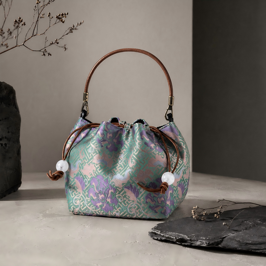 Song Brocade Bucket Bag – Silk Drawstring Handbag with Top Handle | Orithing