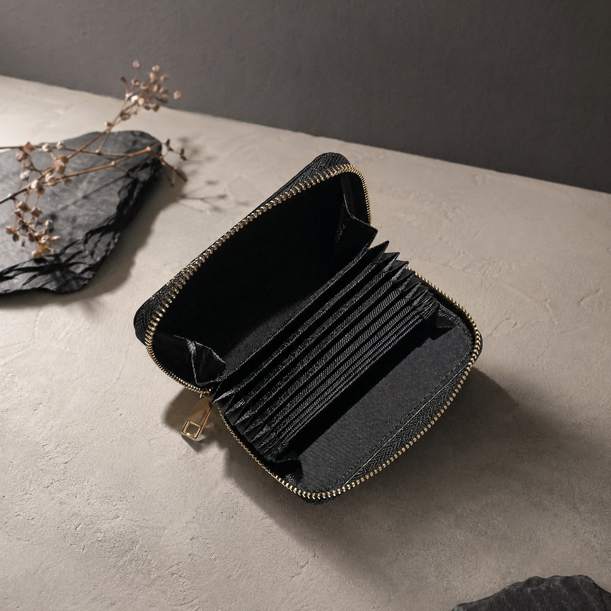 Song brocade card holder wallet: Open wallet showing accordion card compartments