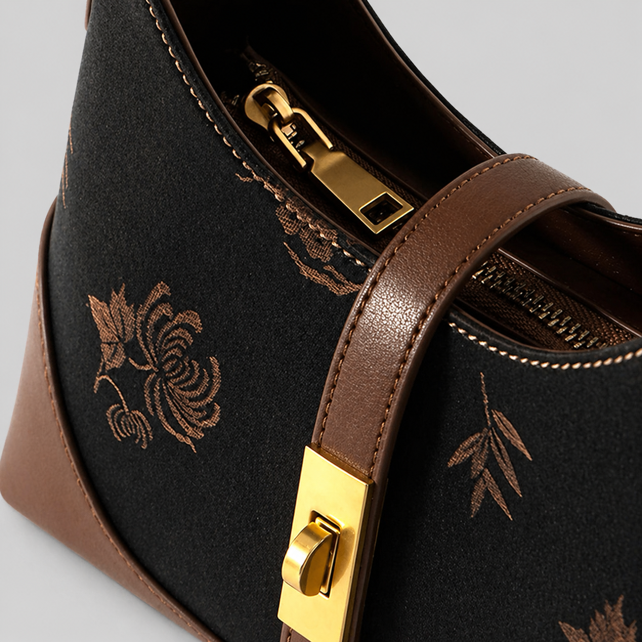 Song Brocade Silk Shoulder Bag – Chinese Bamboo & Floral Embroidered Underarm Bag | Orithing