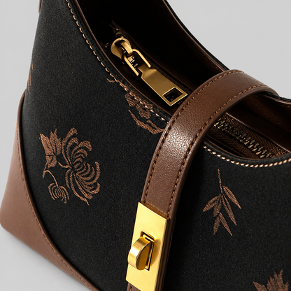 Song Brocade Silk Shoulder Bag – Chinese Bamboo & Floral Embroidered Underarm Bag | Orithing