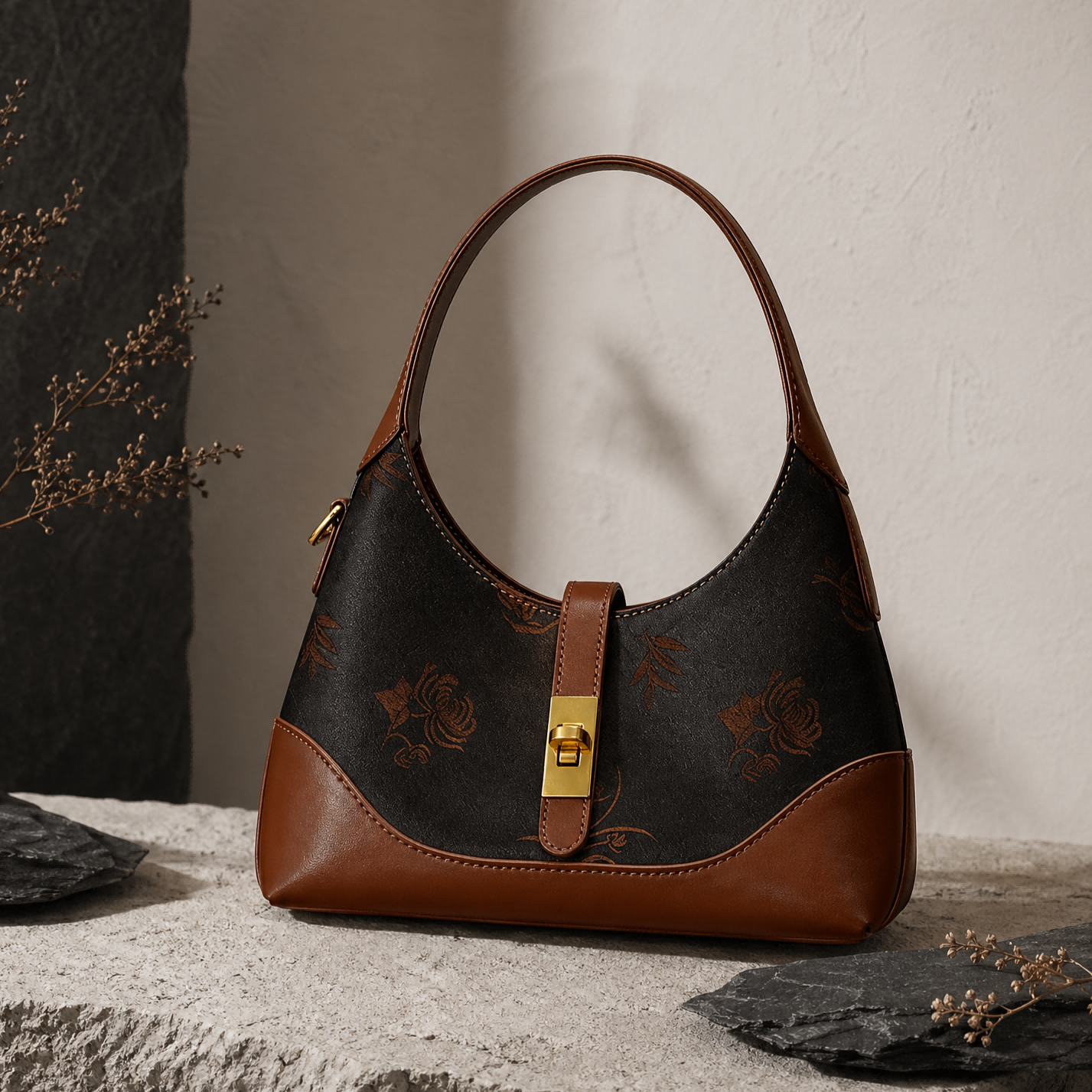 Song Brocade Silk Shoulder Bag – Chinese Bamboo & Floral Embroidered Underarm Bag | Orithing