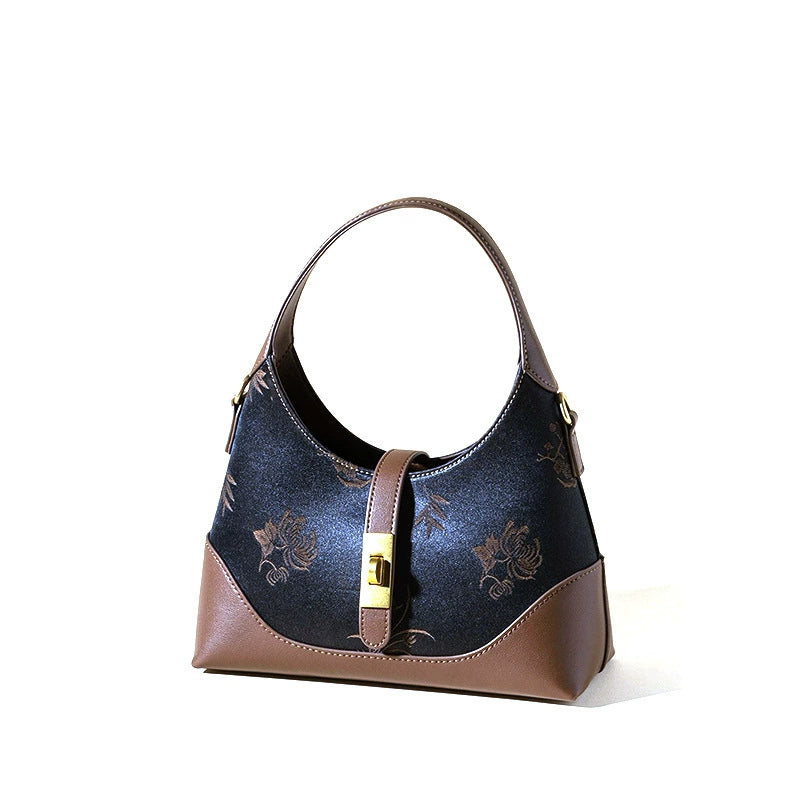 Song Brocade Silk Shoulder Bag – Chinese Bamboo & Floral Embroidered Underarm Bag | Orithing