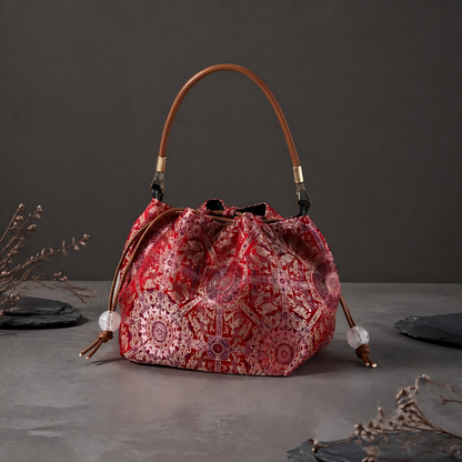 Song Brocade Bucket Bag – Silk Drawstring Handbag with Top Handle | Orithing