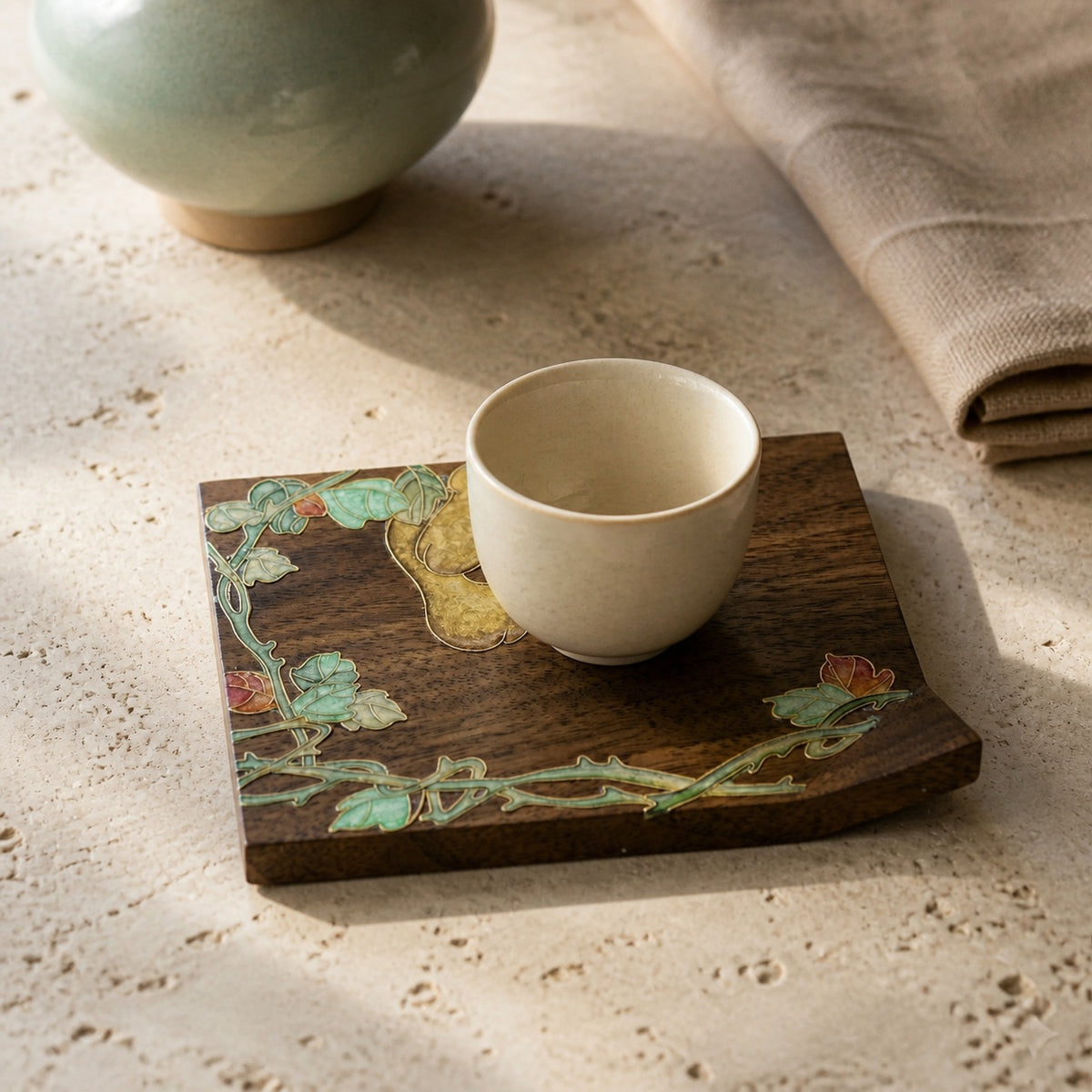Square walnut cloisonne coaster: Yellow flower and green vine design beneath a white cup