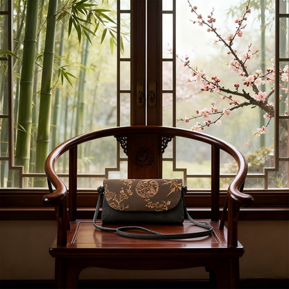 Xiangyun Silk Crossbody Bag – Embroidered Floral & Crackle Pattern Phone Bag | Orithing