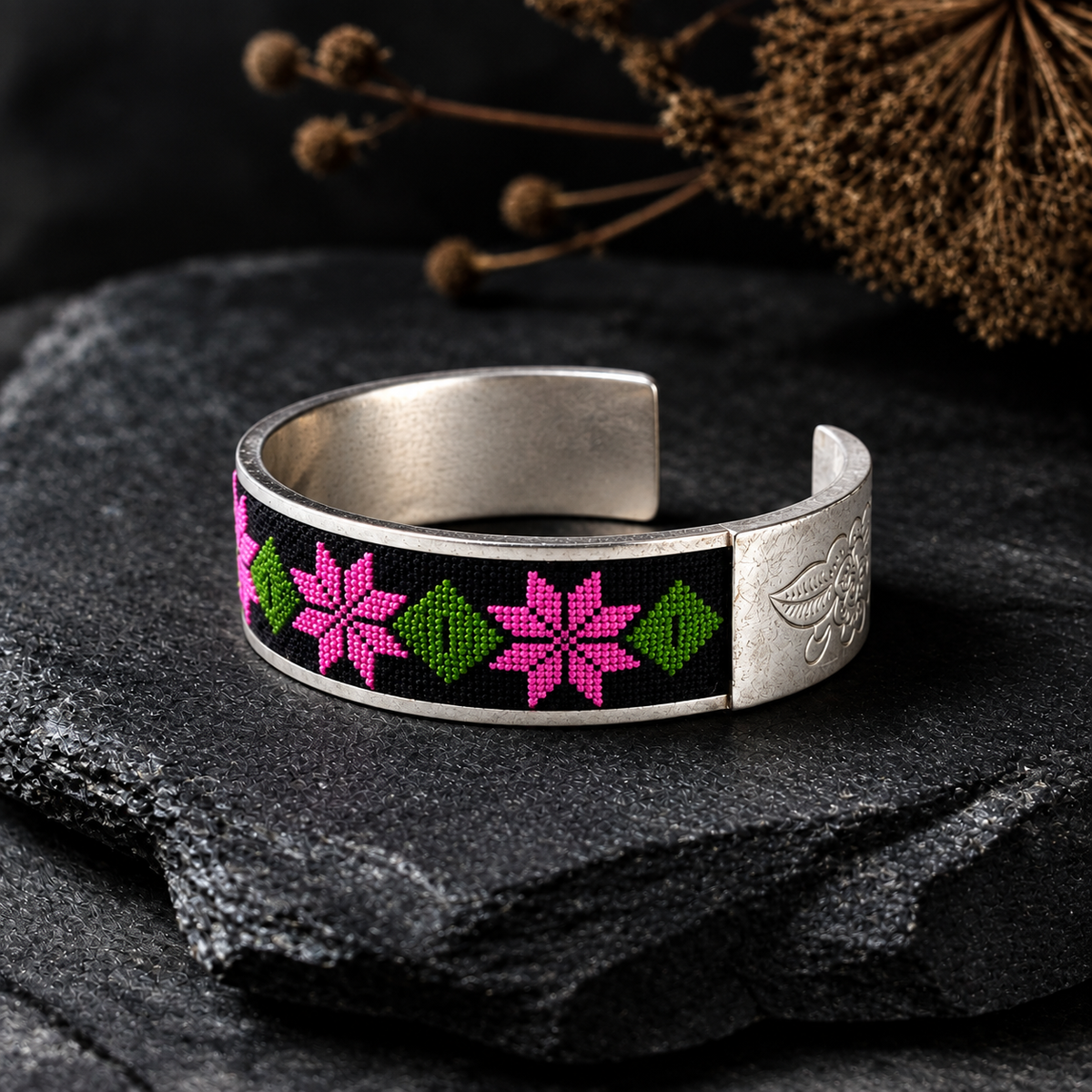 Xixiu embroidered alloy cuff: Pink floral cuff with engraved metal ends