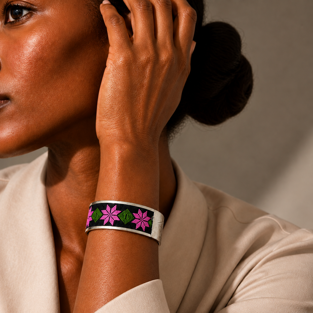 Xixiu embroidered alloy cuff: Pink floral embroidered cuff worn beside the face