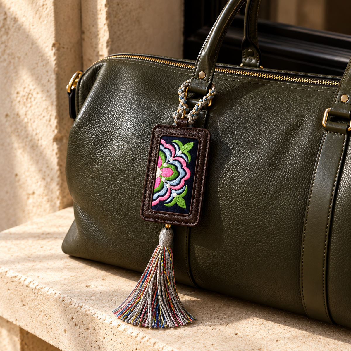Xixiu embroidered luggage tag: Geometric embroidered tag attached to a green bag