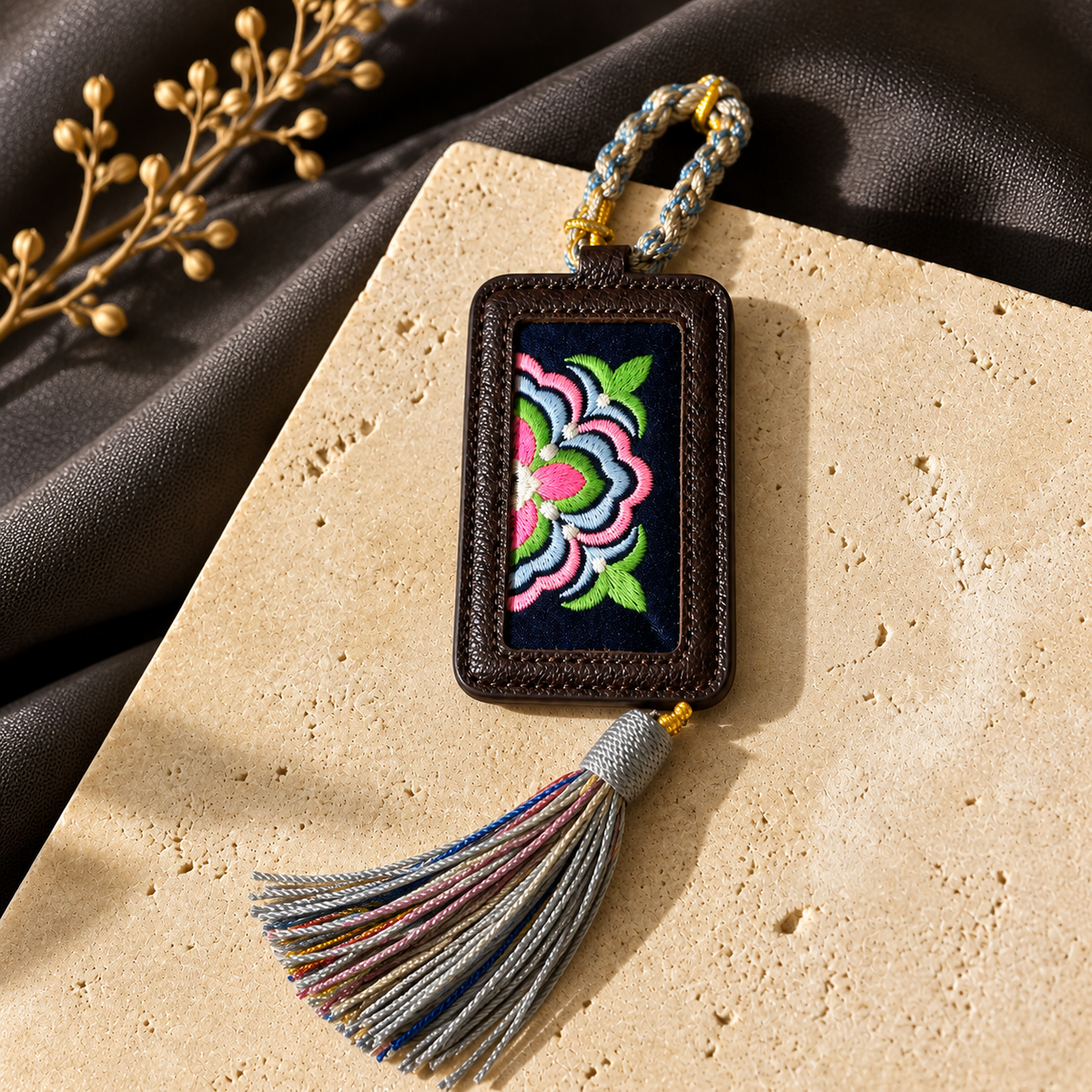 Xixiu embroidered luggage tag: Geometric embroidered tag on pale stone