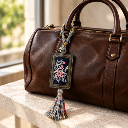 Xixiu embroidered luggage tag: Multicolor floral tag attached to a brown leather bag