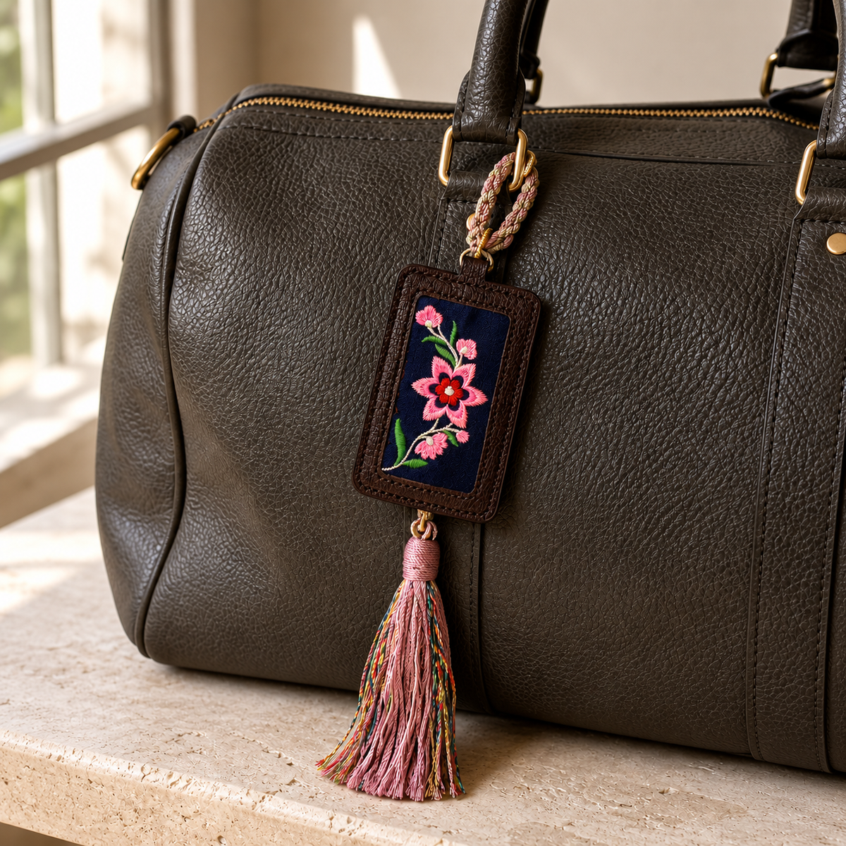 Xixiu embroidered luggage tag: Pink floral tag attached to a dark leather bag