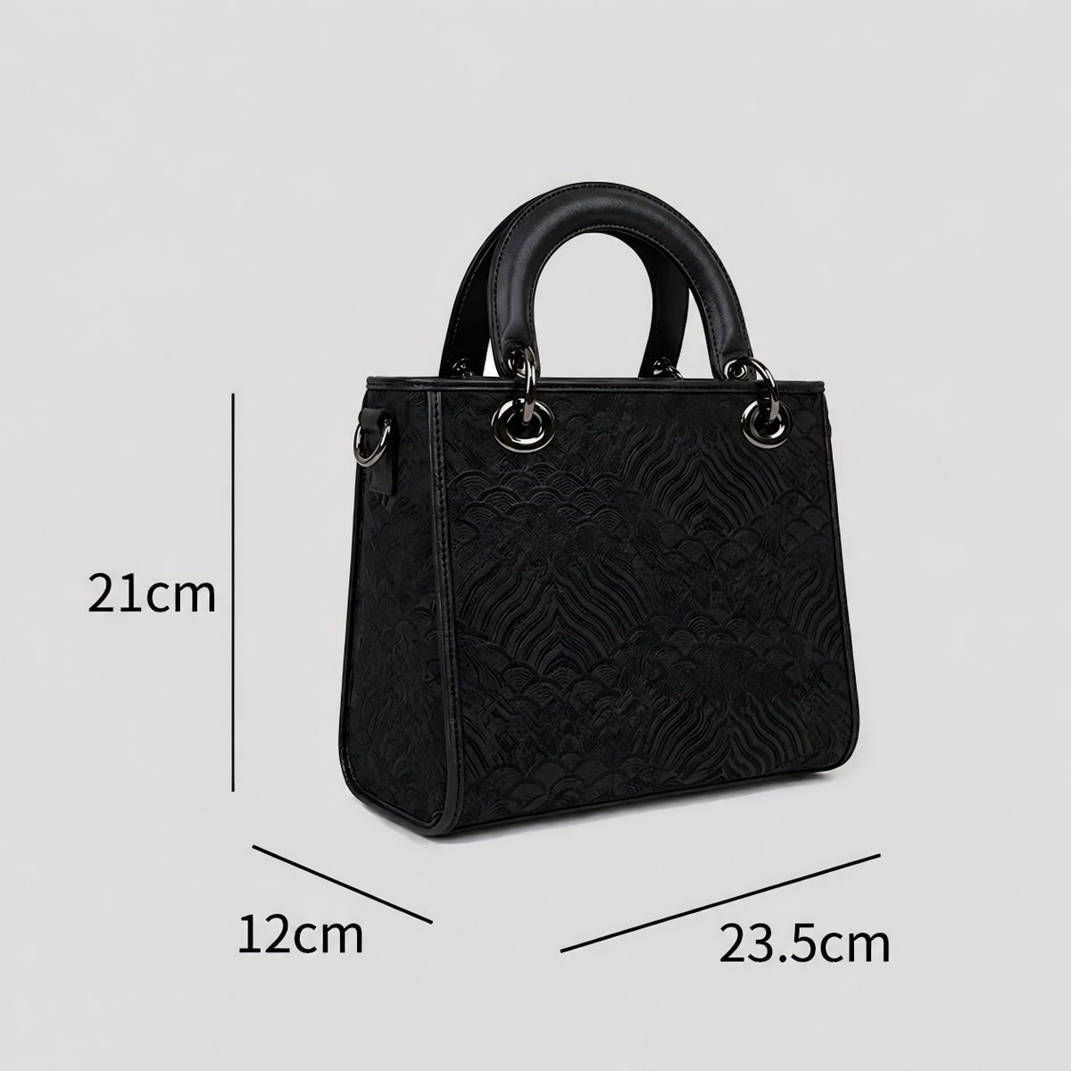 Yunjin brocade top handle bag: Dimension diagram of the tall black bag